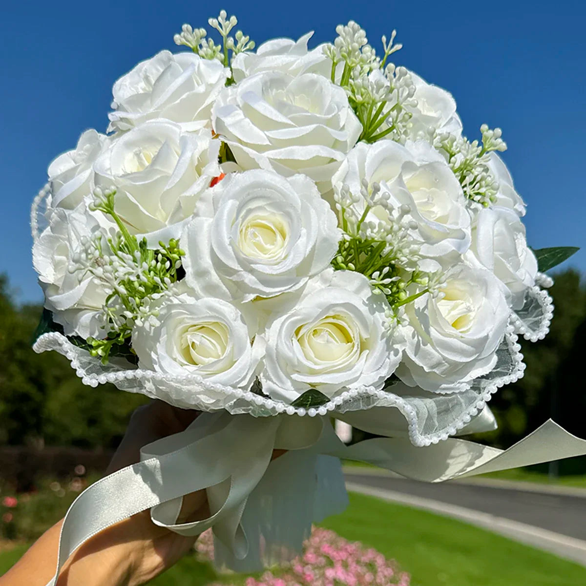 Wedding Bouquets for Bride Babysbreath Rose Bridesmaid Bouquets Silk Ribbon Valentine'S Day Decoration Pearl Lace Mesh Ball Gift
