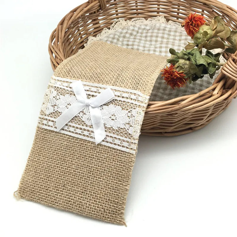 10Pcs Natural Jute Burlap Cutlery Holders Packaging Fork and Knife for Wedding , Party Decoration 11*21Cm AA8016