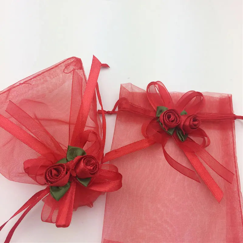 50/100PCS Mesh Bag Vintage Rose Ribbion Gift Drawstring Bags Party Wedding Favors for Guest Small Present Candy Packaging Box