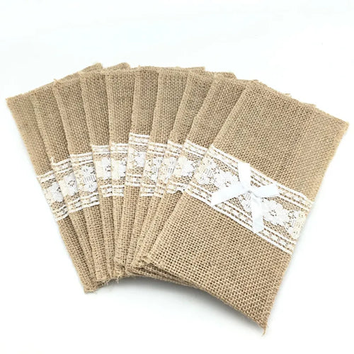 10Pcs Natural Jute Burlap Cutlery Holders Packaging Fork and Knife for Wedding , Party Decoration 11*21Cm AA8016