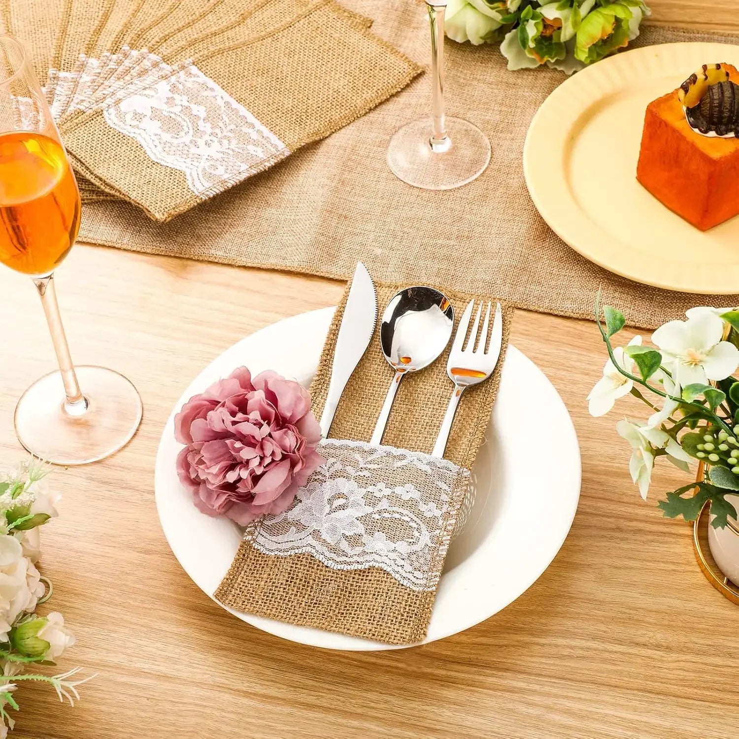 10/20PCS Natural Jute Bag Holder Burlap Cutlery Pockets Silverware Holder Bag Knife Forks Wedding Party Tableware Bag Decoration
