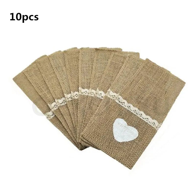 10Pcs Natural Jute Burlap Cutlery Holders Packaging Fork and Knife for Wedding , Party Decoration 11*21Cm AA8016